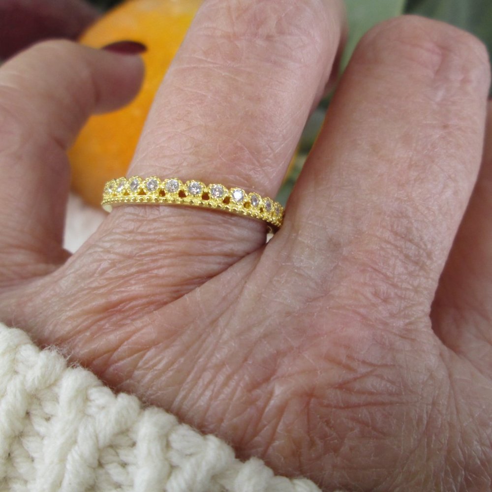 Princess Crown Ring>14kt.Gold over 925 Sterling,Simulated Diamonds,Narrow Band